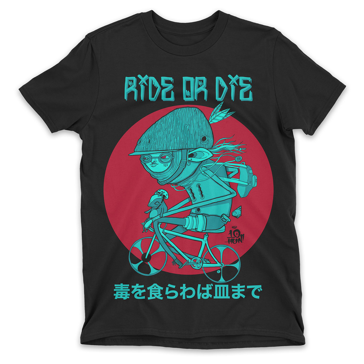 black shirt with a character on a bike and the text Ride Or Die
